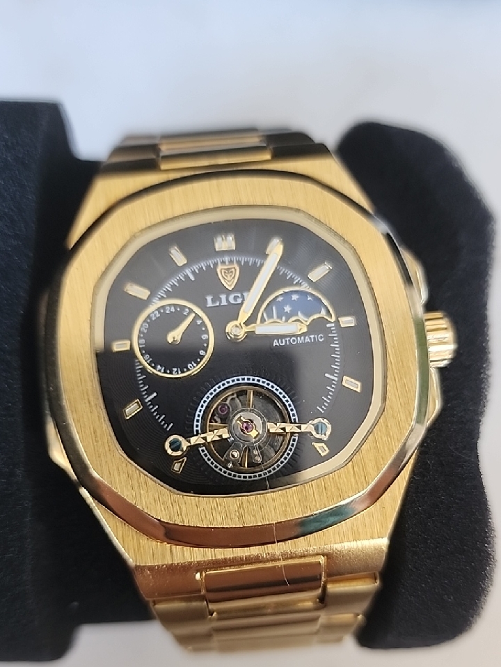Lige Gold Automatic Mens Watch With Black Dial